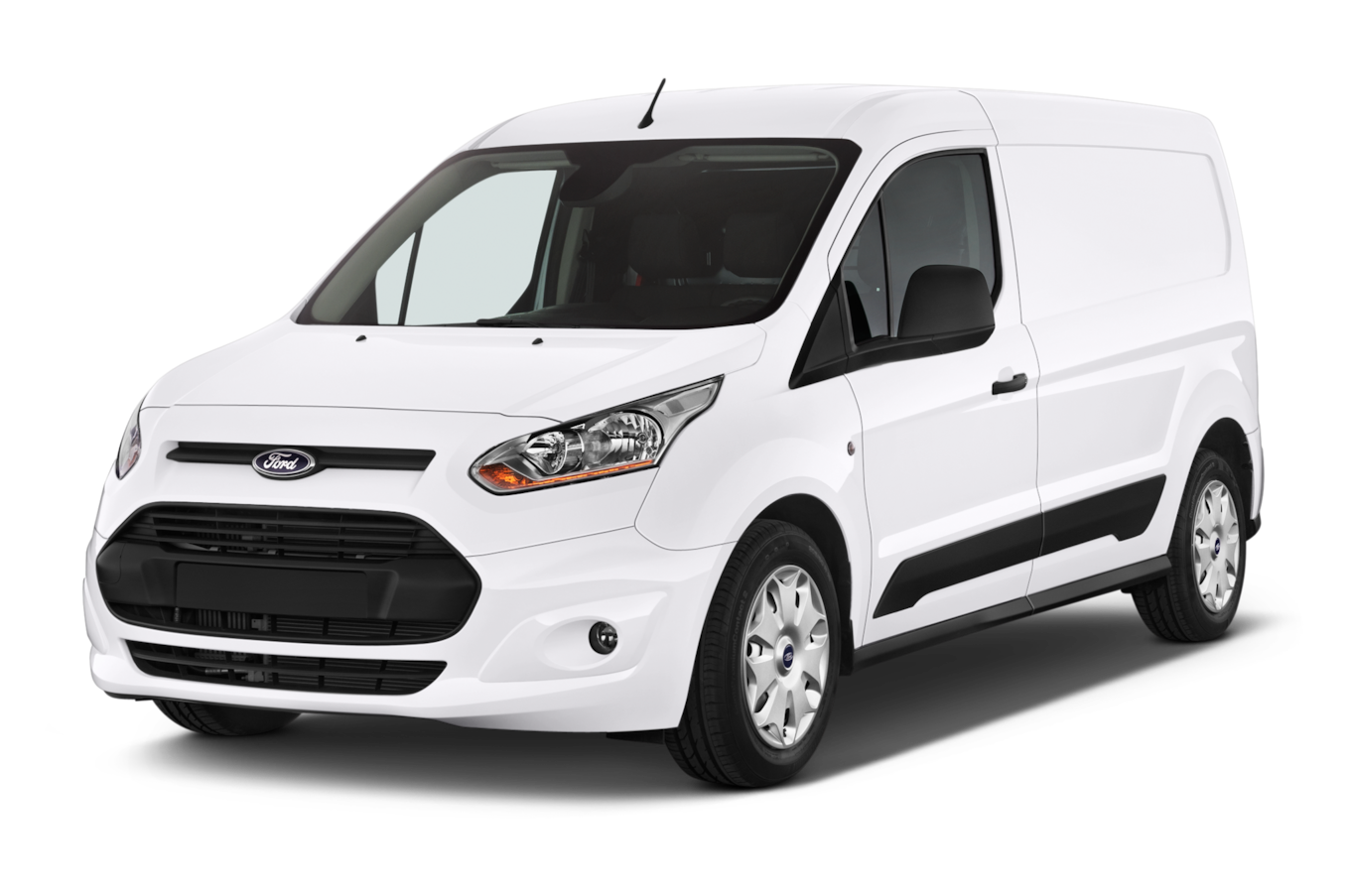 A white ford transit connect van is shown on a white background.