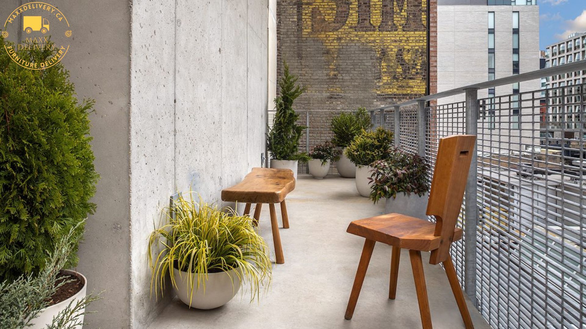 Condo Balcony with a wood chair and a wood bench with plants - furniture delivery Toronto