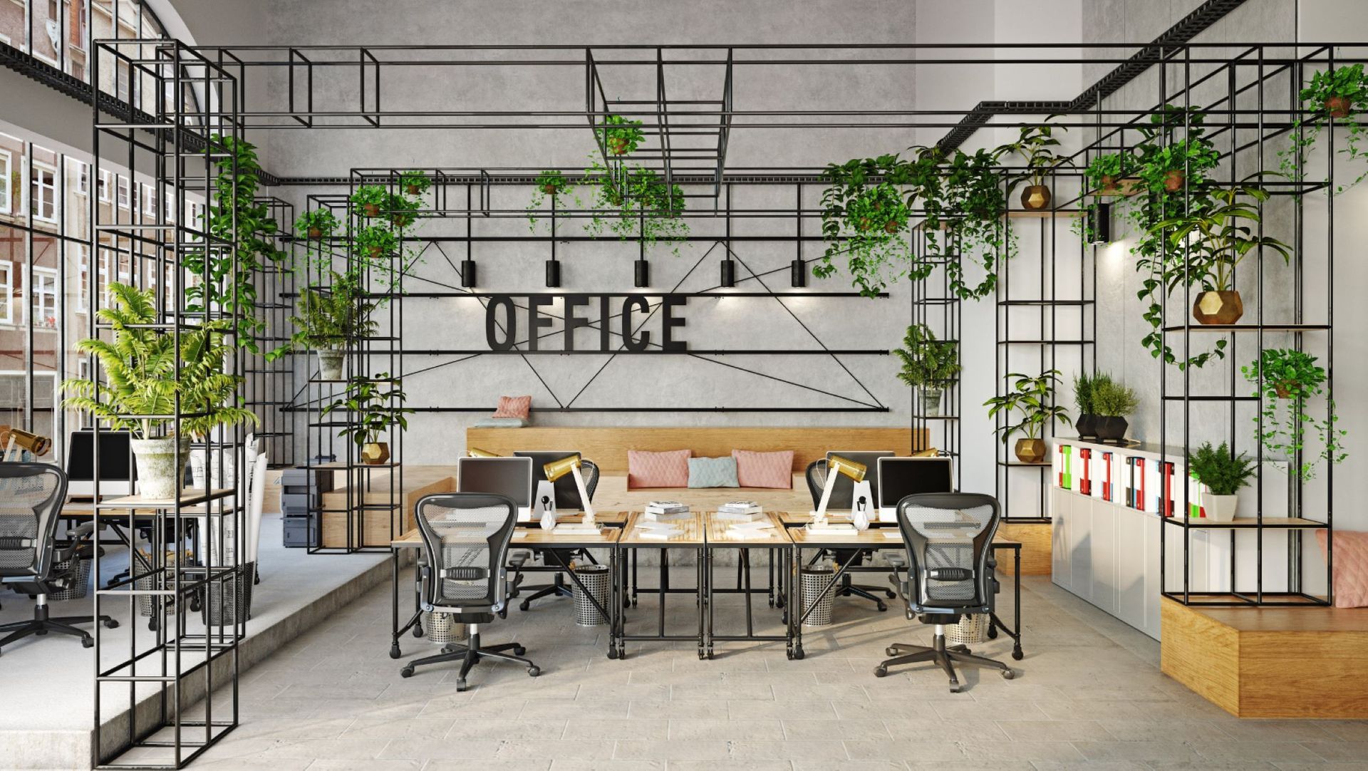 An office with lots of desks and chairs and the word office on the wall