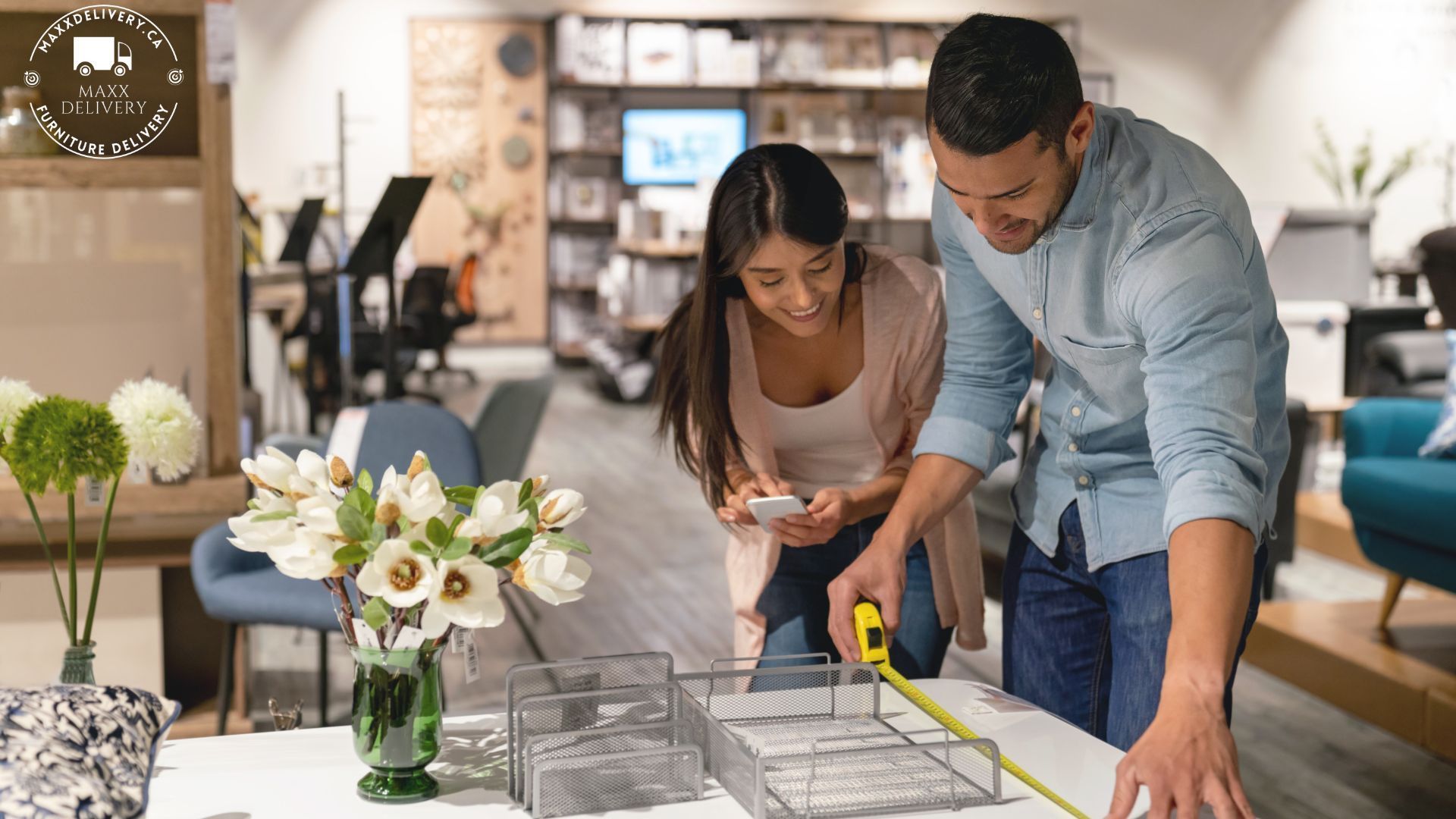 Couple in a furniture store measuring a desk for their new home office - ikea desk delivery