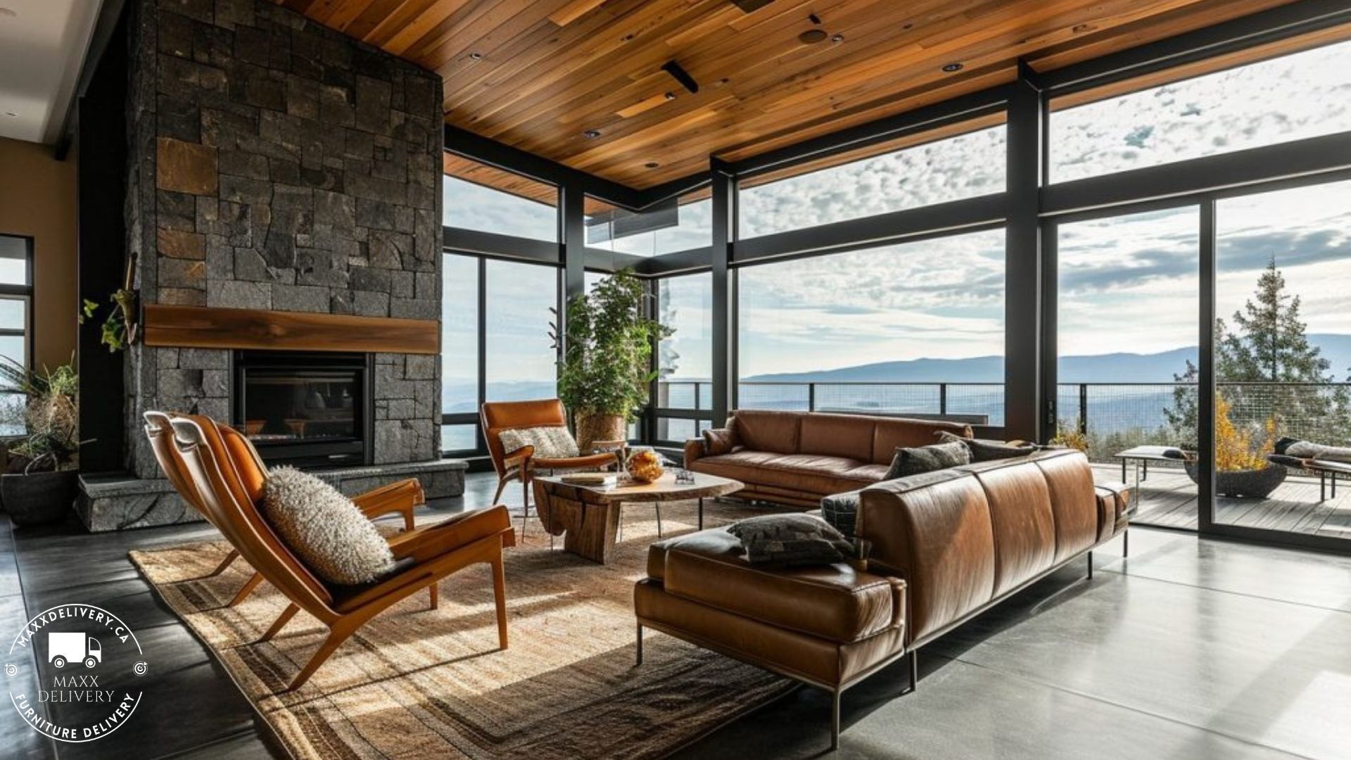 Living room with wood chairs and brown leather couch - Couch Delivery