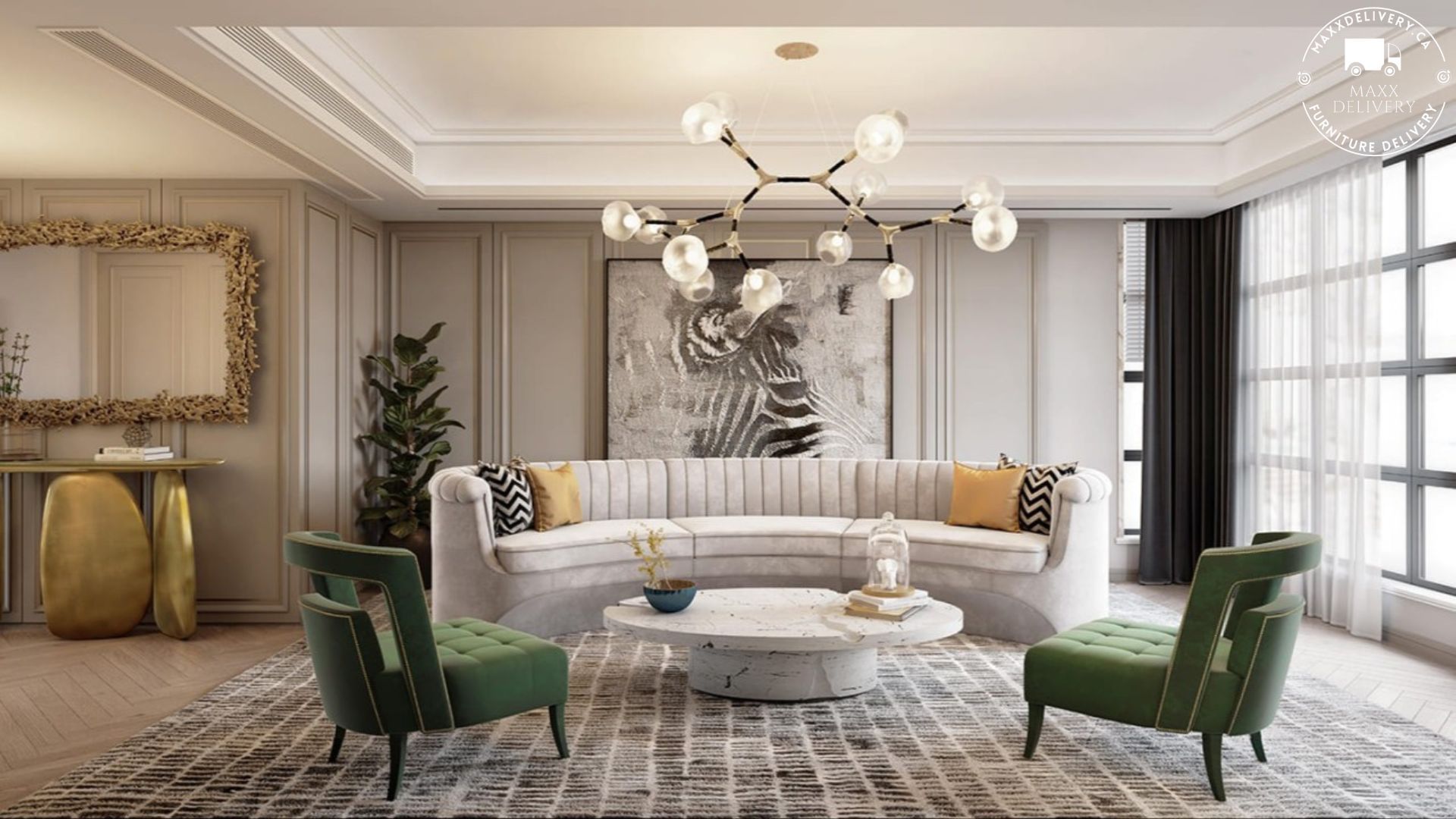 elegant and modern living room with 2 green accent chairs and a zebra artwork on the wall - furniture movers Toronto