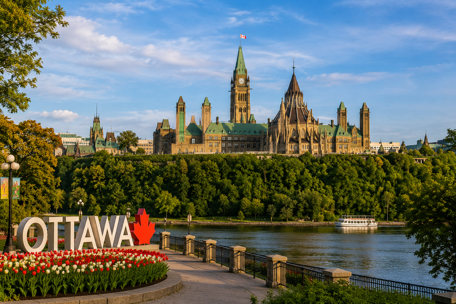 Ottawa sign by the river with Parliament Hill and green trees in the background