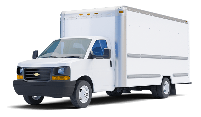 A white box truck is sitting on a white background