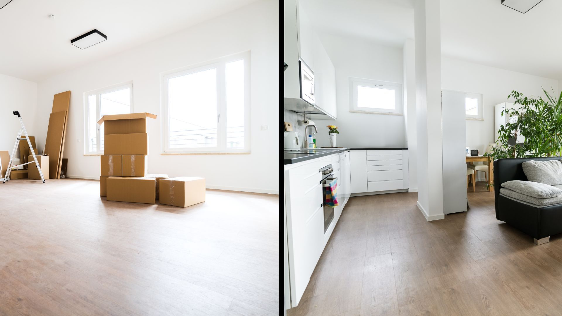 A before and after photo of a living room and kitchen - expert city movers