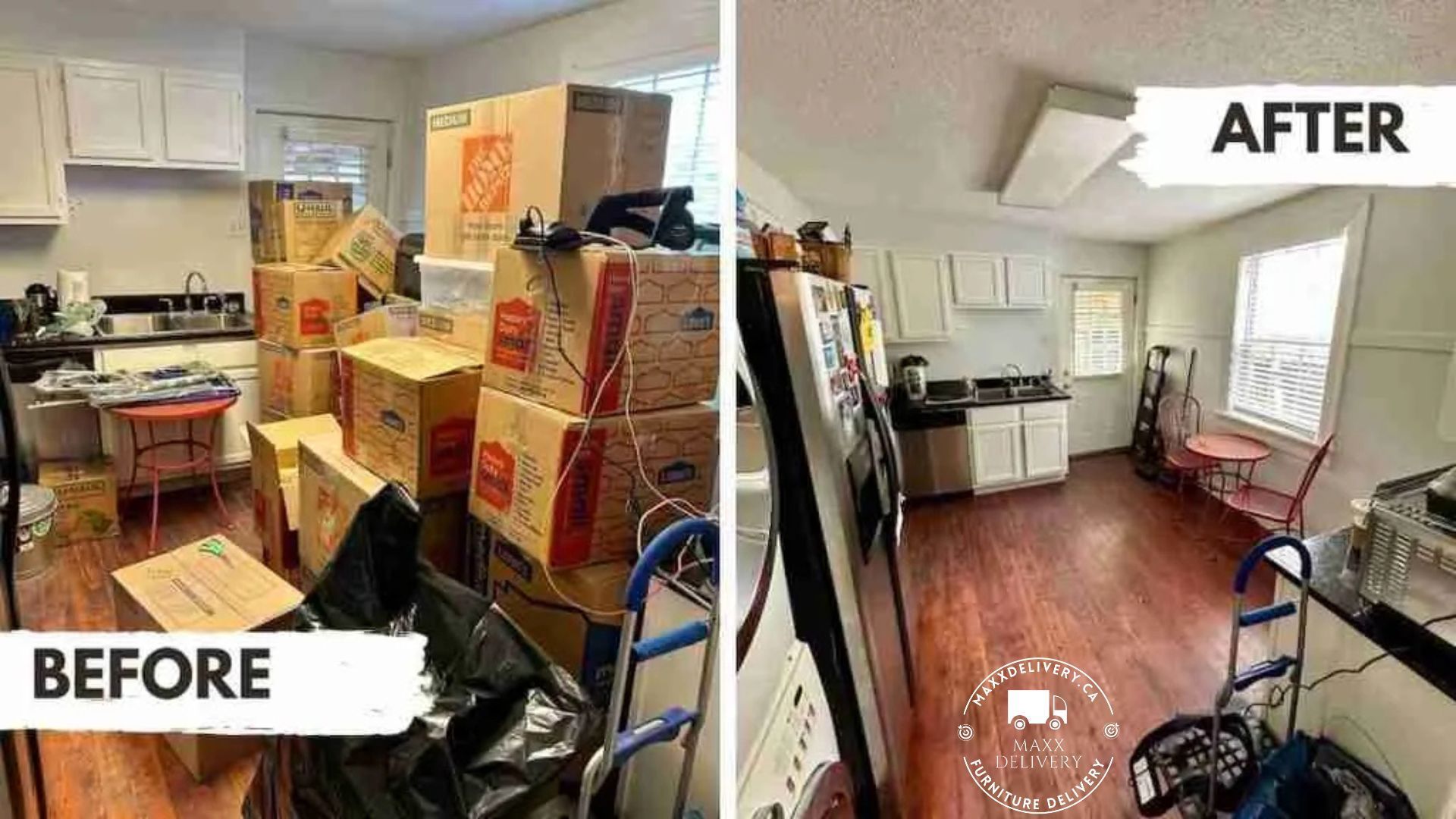 A before and after photo of a kitchen filled with boxes.