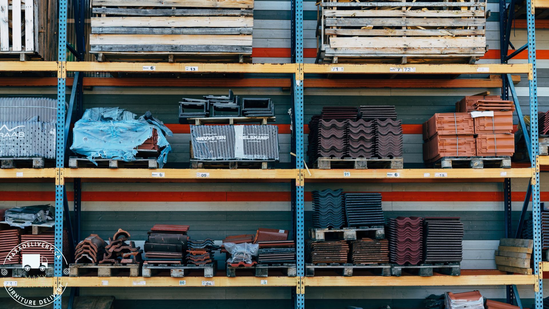 A warehouse filled with lots of bricks and pallets