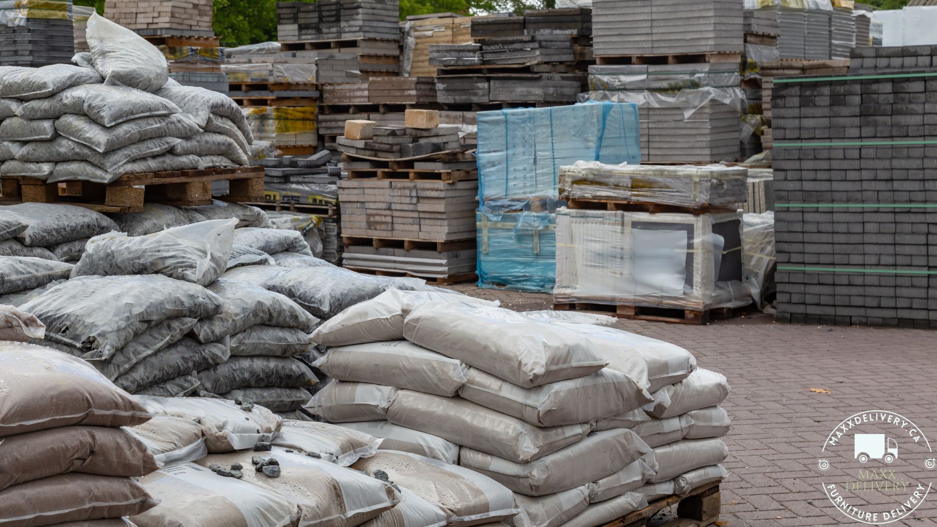 A warehouse filled with lots of bags and bricks