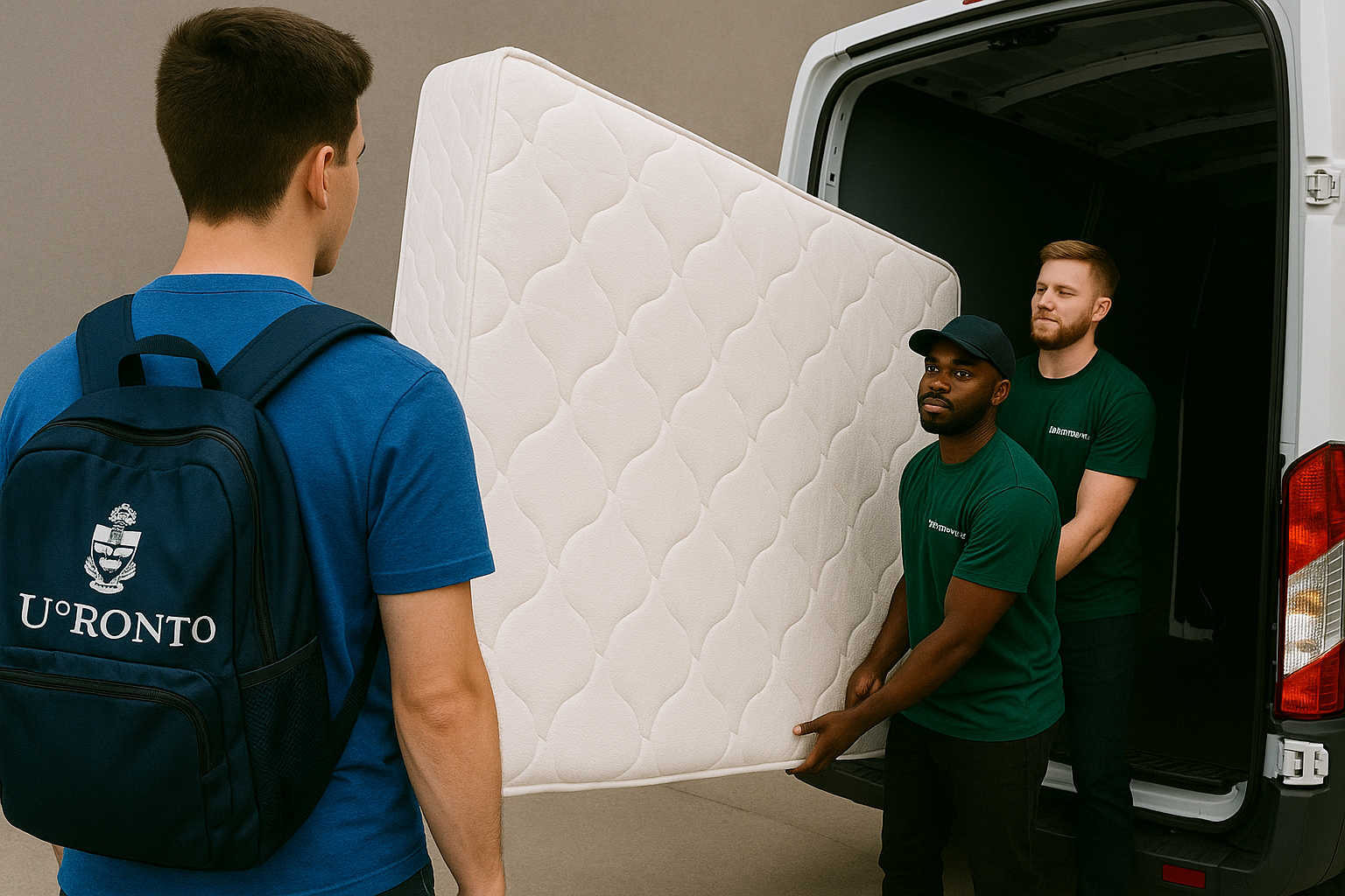 Three movers loading a mattress into a van. One man with a backpack looks on.