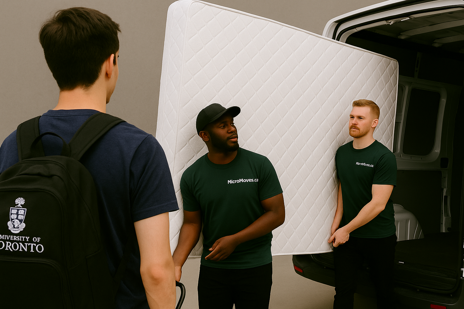 Three movers loading a mattress into a van. One man with a backpack looks on.