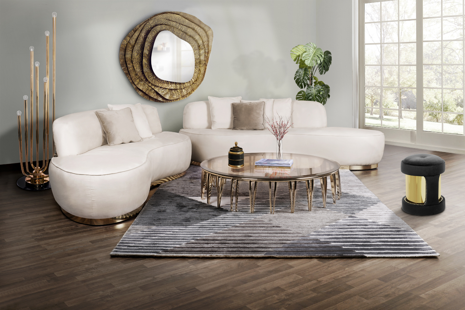 White couch grey rug gold mirror glass mirror coffee table