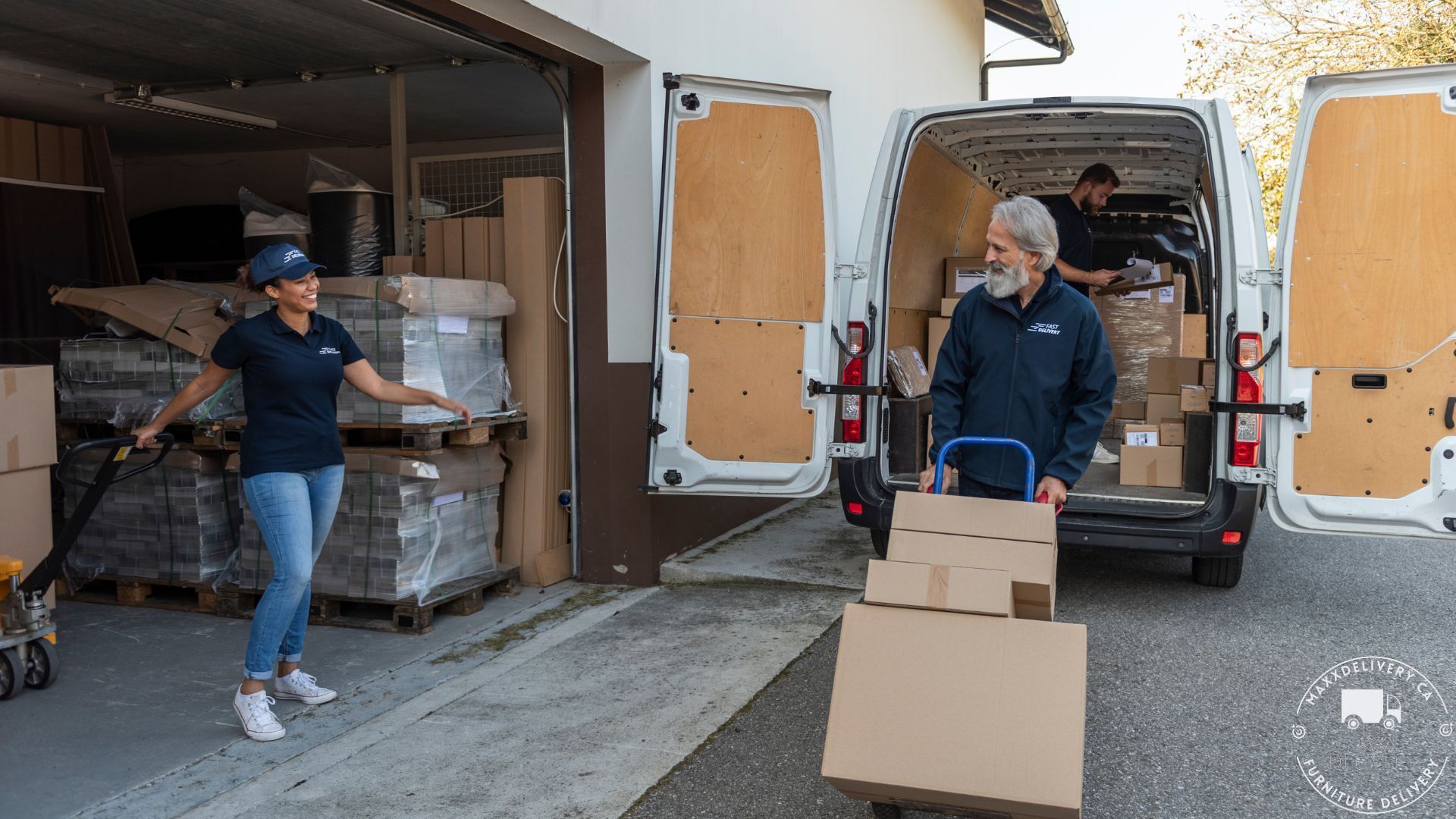 A man and a woman are loading boxes into a van