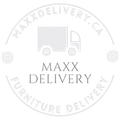 A logo for maxx delivery furniture delivery with a truck on it.