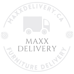 A logo for maxx delivery furniture delivery with a truck on it.