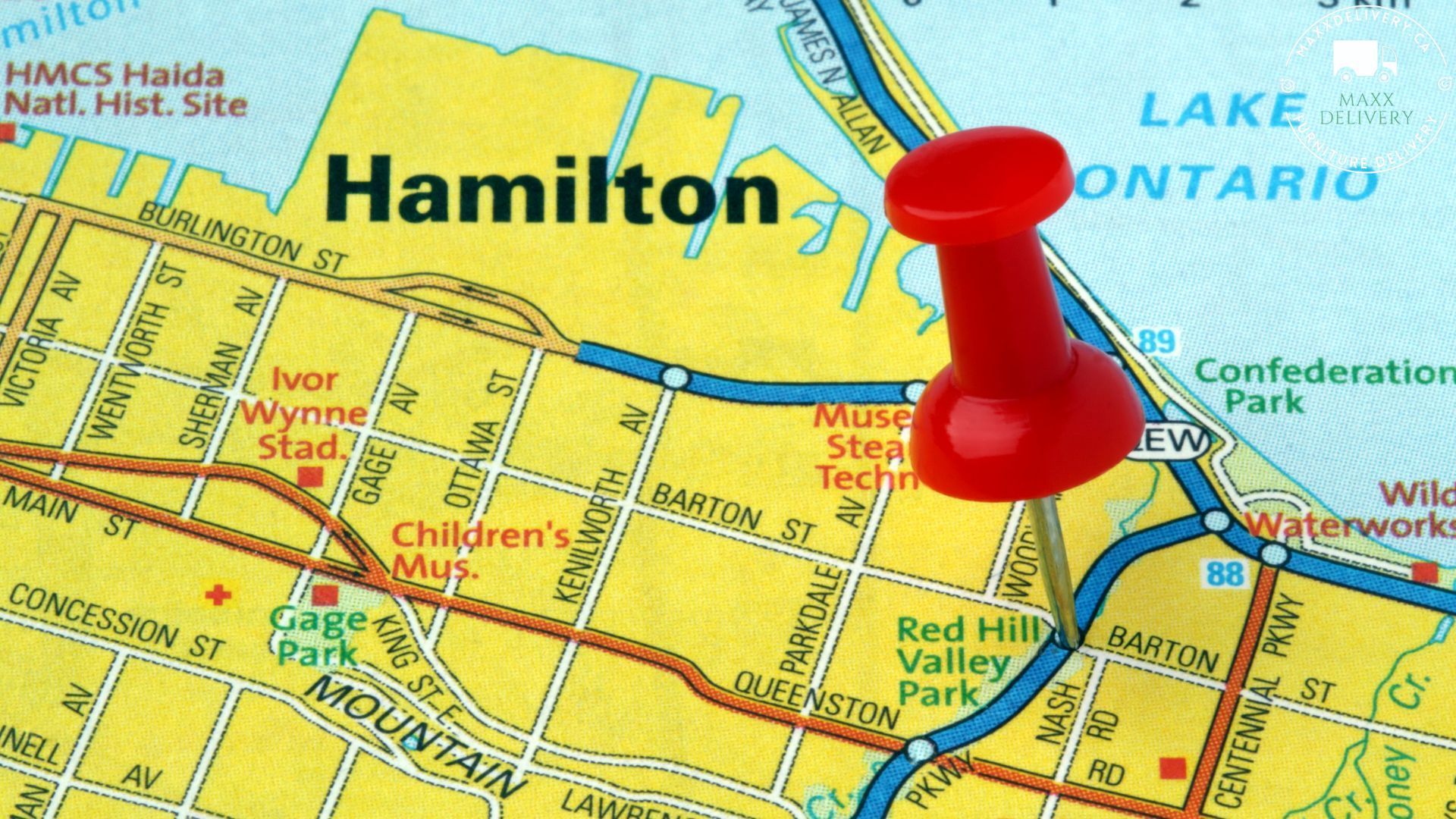 A map of hamilton ontario with a red pin on it