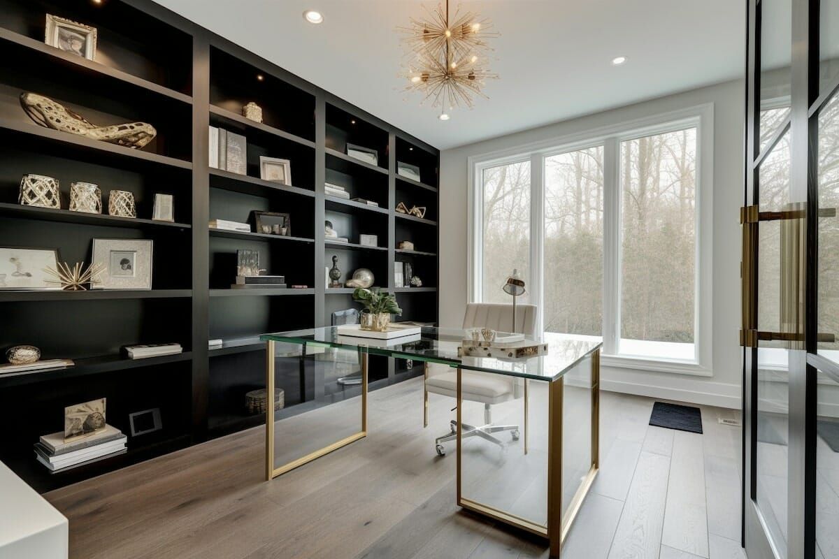 A home office with a glass desk and shelves