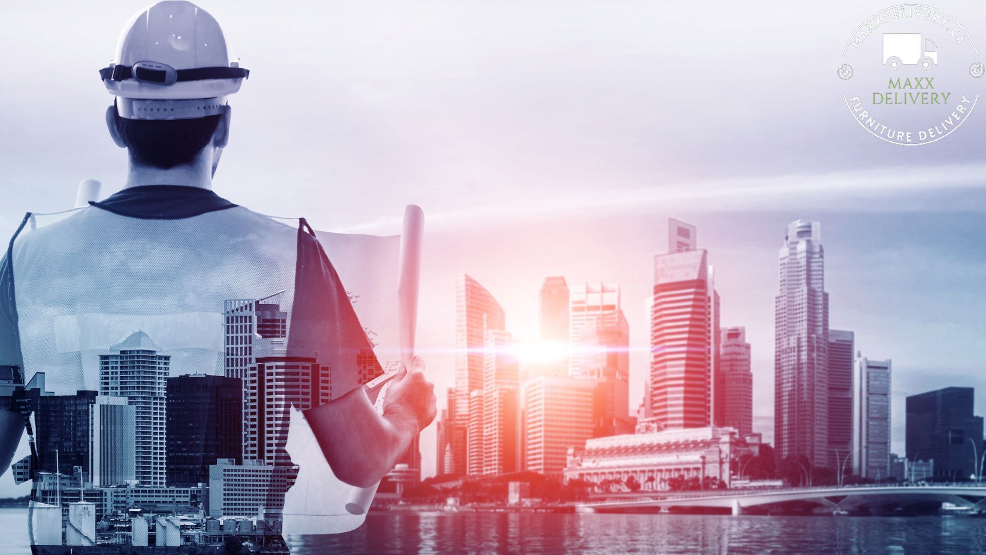 A man wearing a hard hat is looking at a city skyline