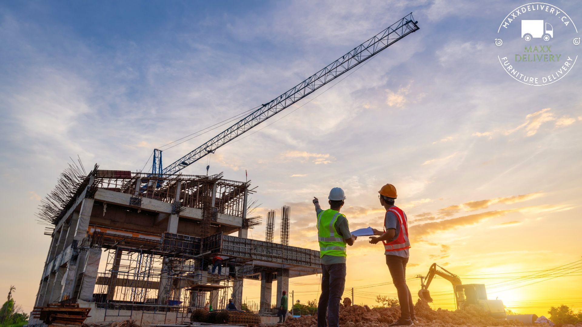 Two construction workers are standing in front of a building under construction.