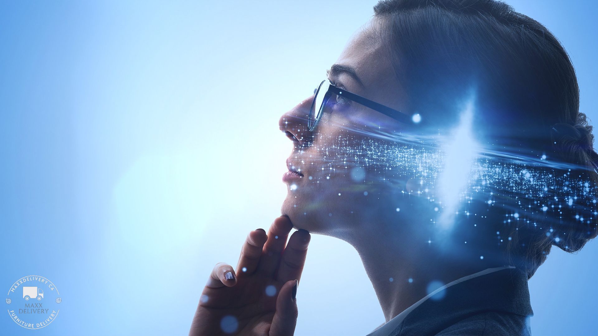 A woman wearing glasses with a blue light coming out of her face.