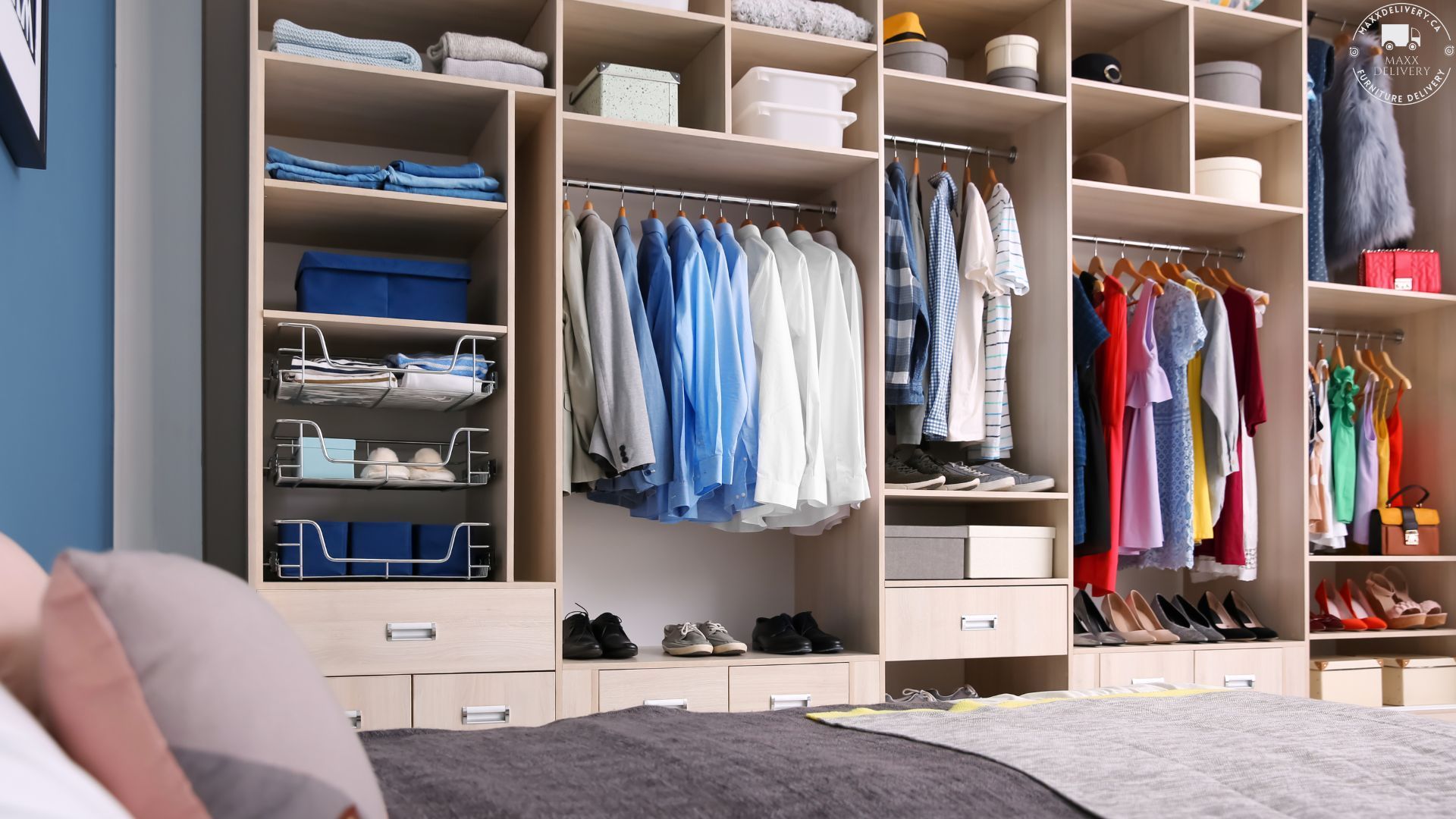 A bedroom with a closet full of clothes and a bed