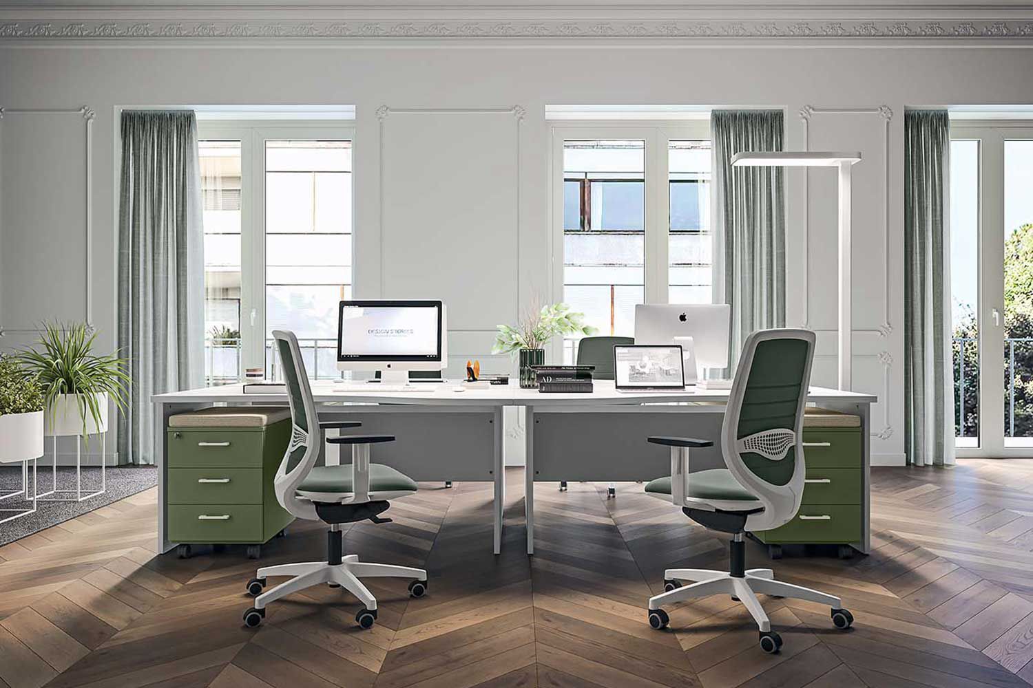 White and Green Office Chair White Desk Large Windows. Furniture delivered by MaxxDelivery.ca