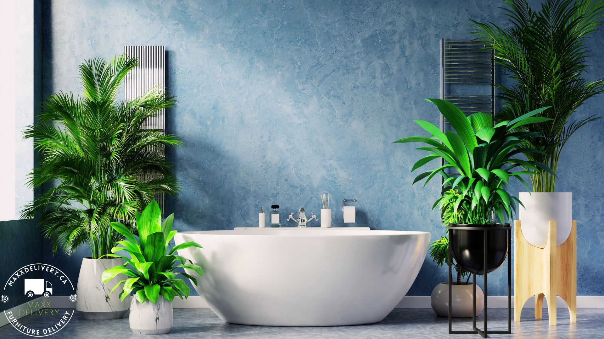 A bathroom with a bathtub surrounded by potted plants - reliable moving help with interior movers	