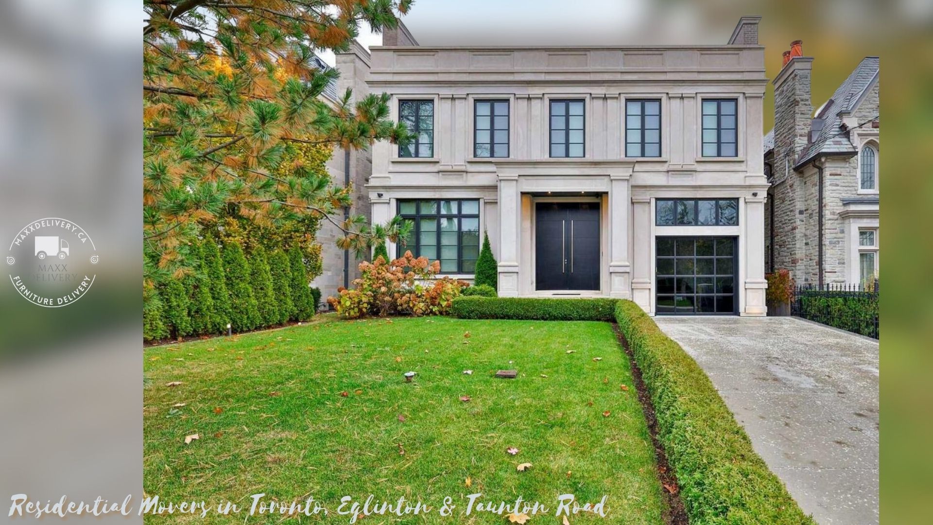 A large house with a lush green lawn is for sale