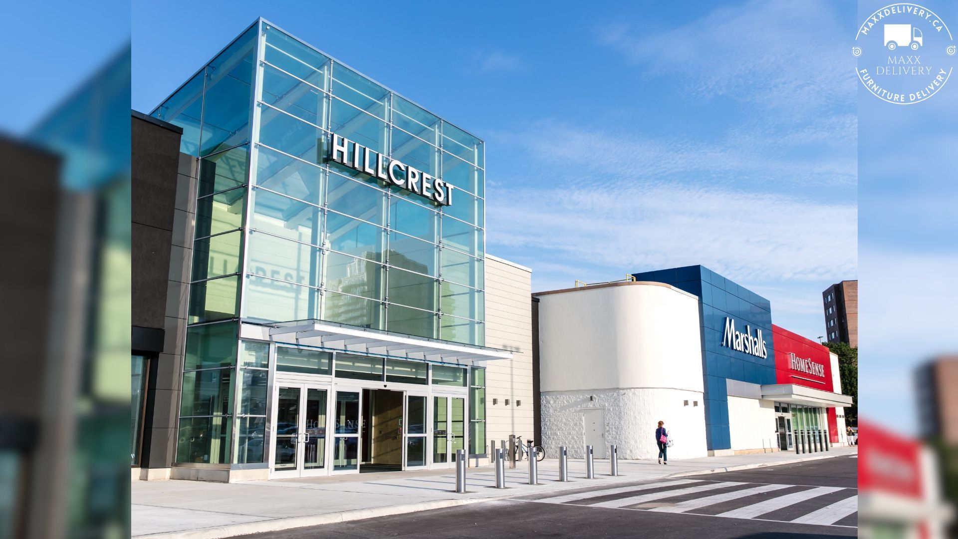 A large glass building with the word hillcrest on it