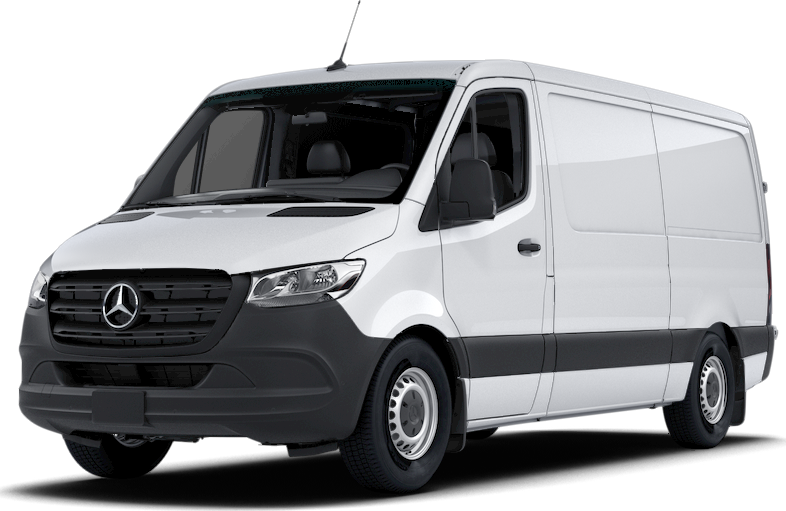 A white mercedes sprinter van is shown on a white background.