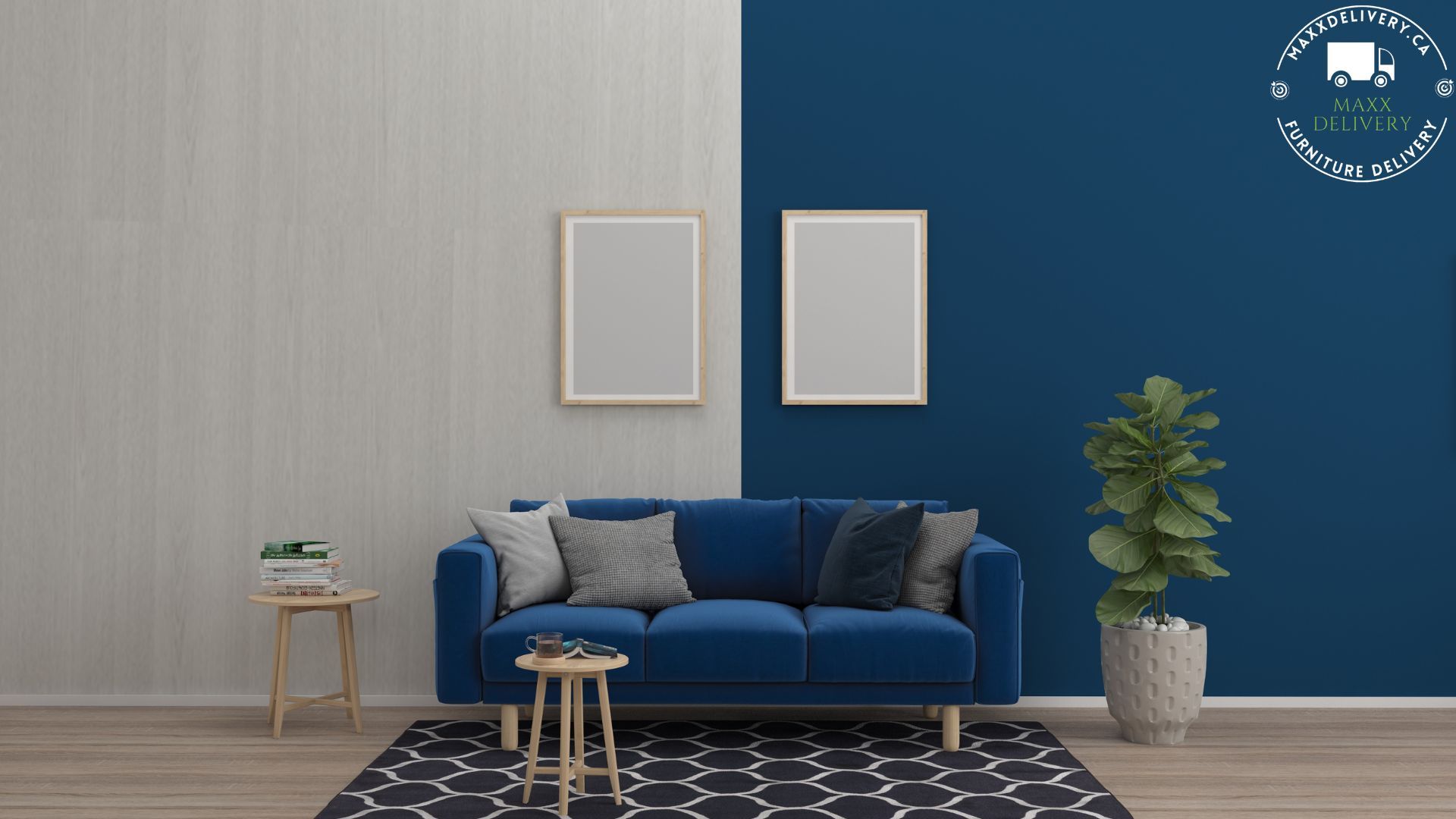 A living room with blue walls and a blue couch - furniture movers toronto	