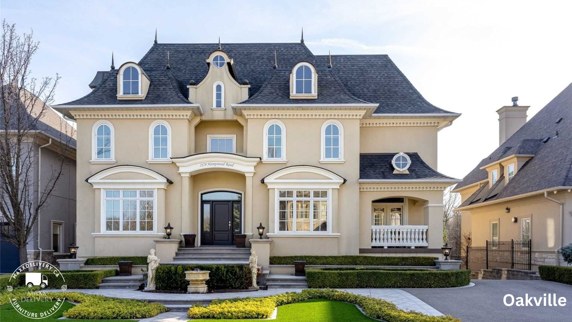 A large house in oakville has a black roof