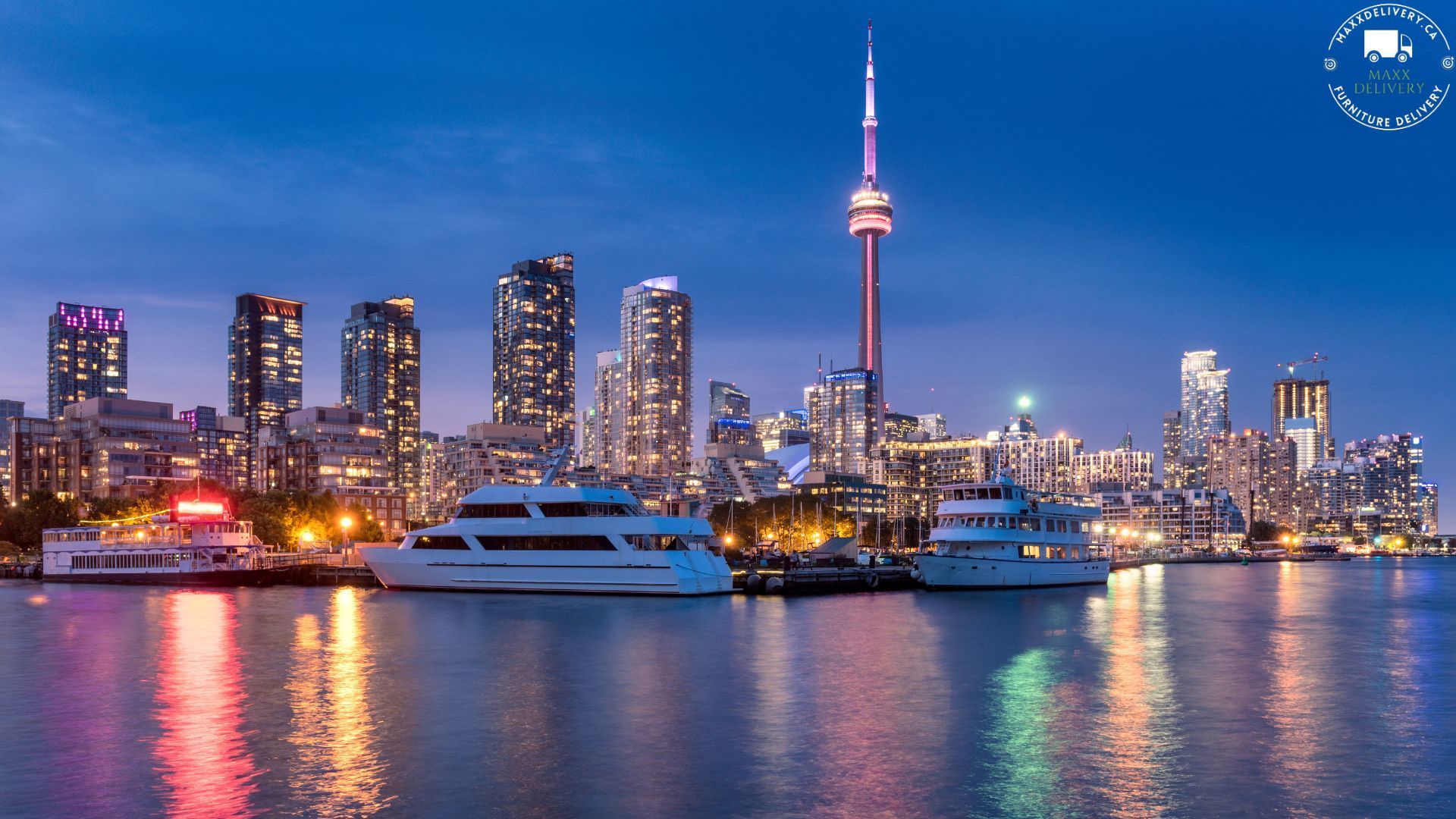 A city skyline with a boat in the foreground - shipping furniture in canada