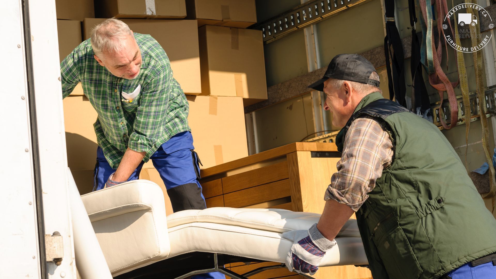 Two men are loading a couch into a truck - apartment movers