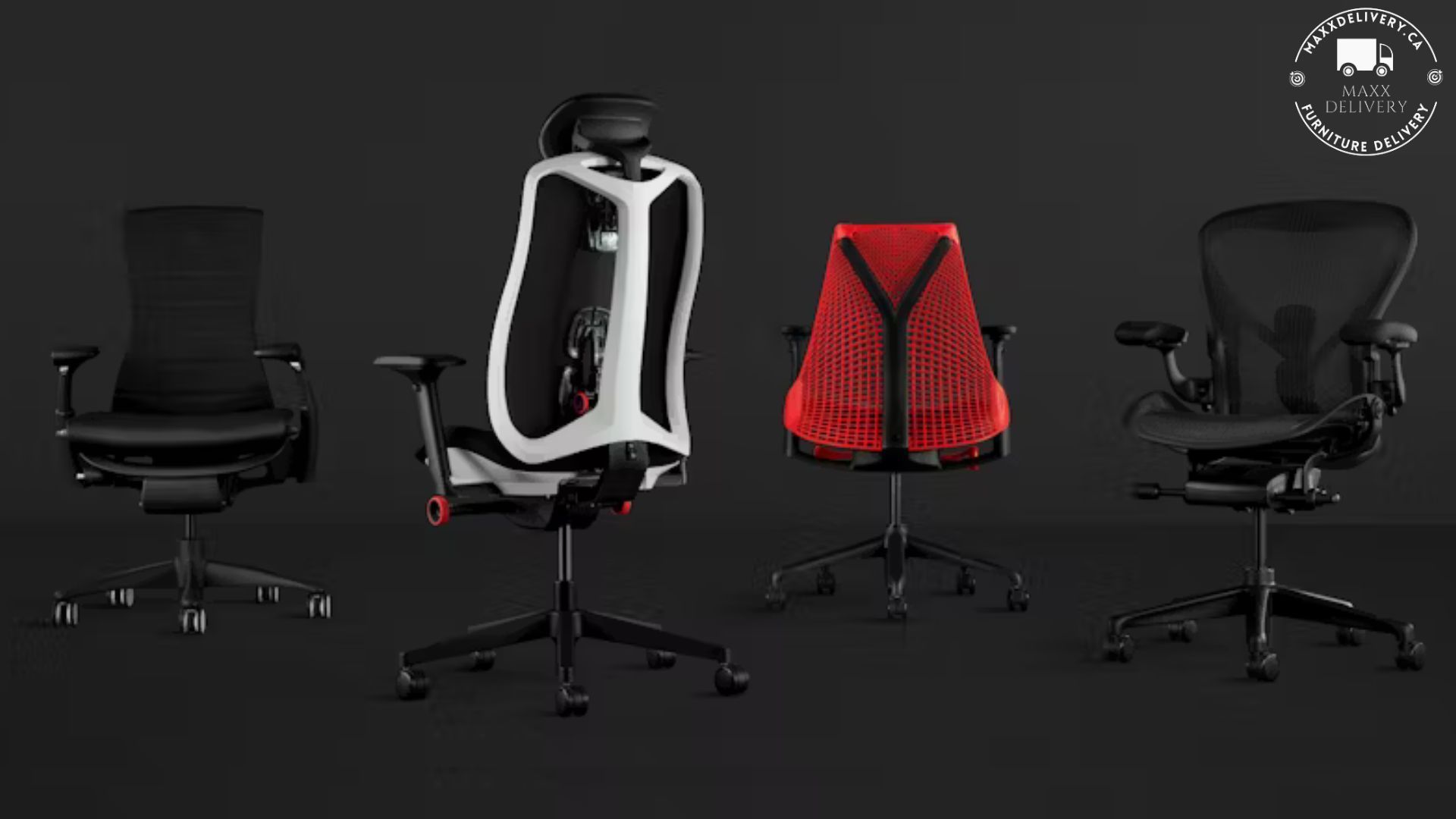 Four office chairs are lined up in a row on a black background