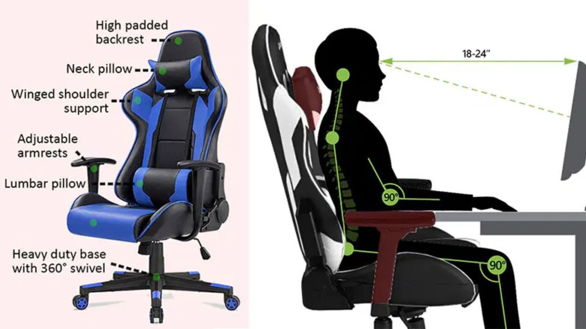 A blue and black gaming chair and a silhouette of a person sitting in front of a computer.