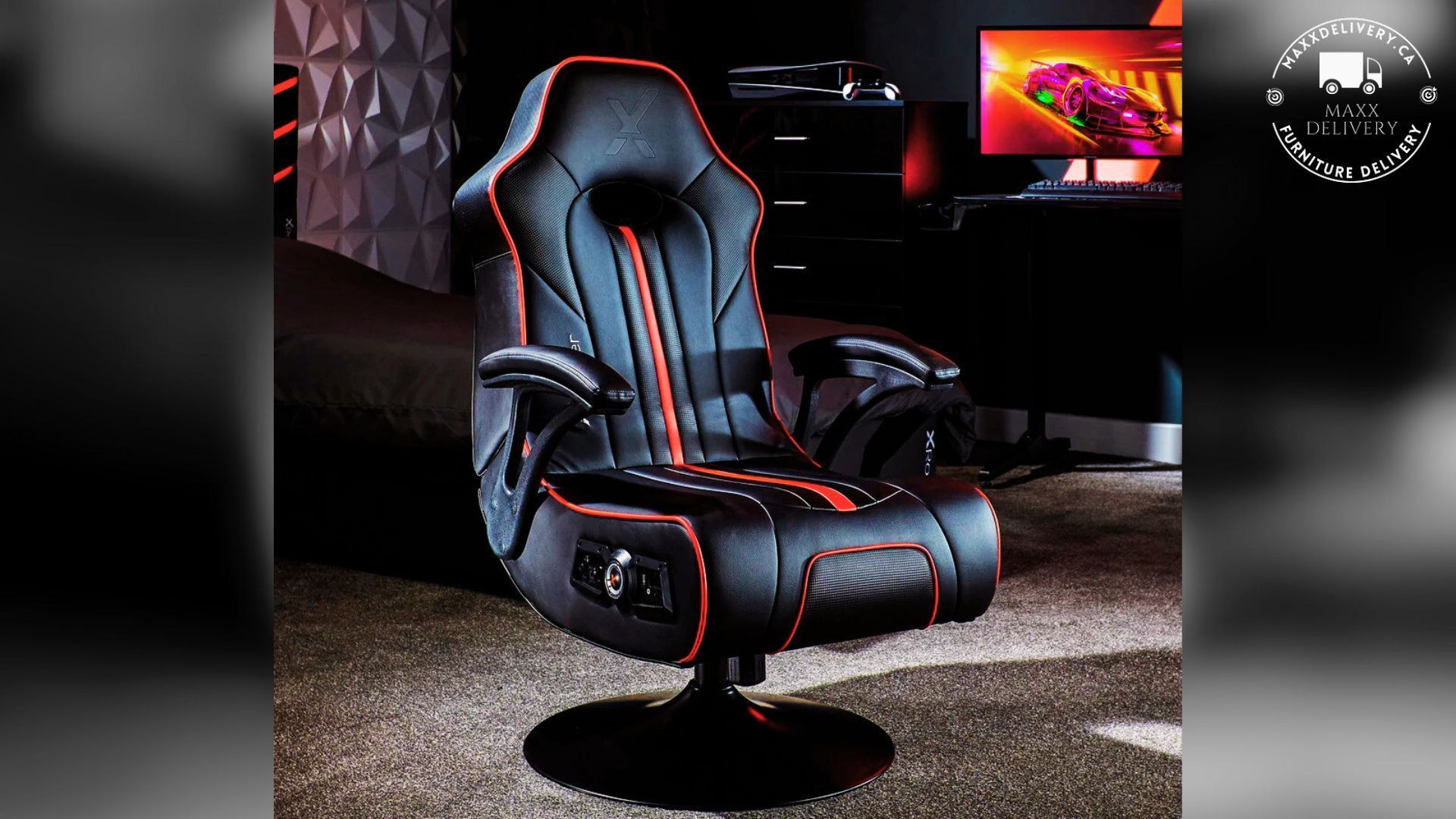 A black and red gaming chair in a dark room