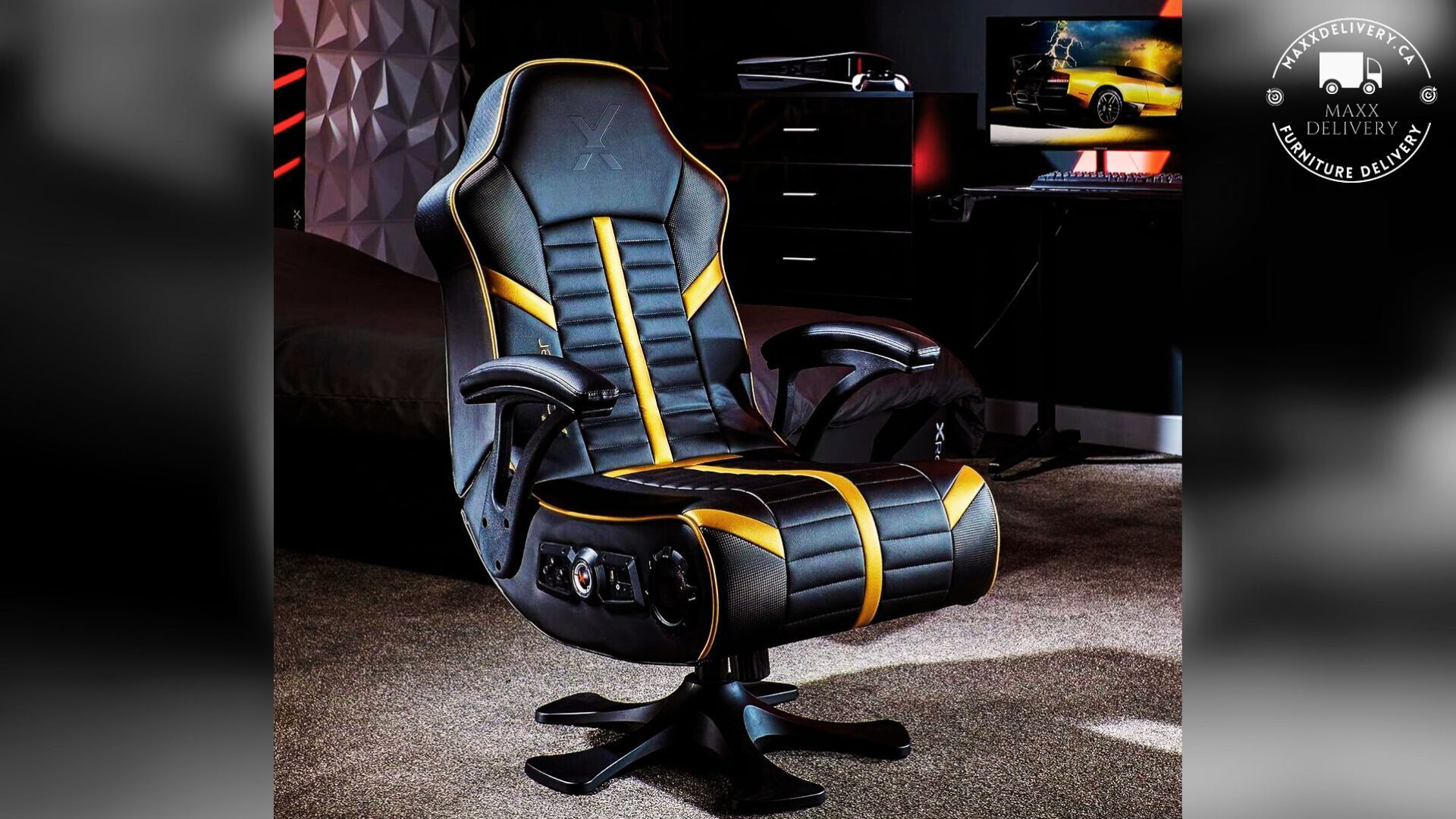 A black and yellow gaming chair in a room