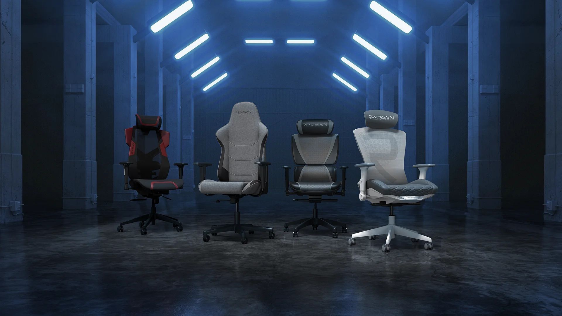 A group of gaming chairs are sitting in a dark room.