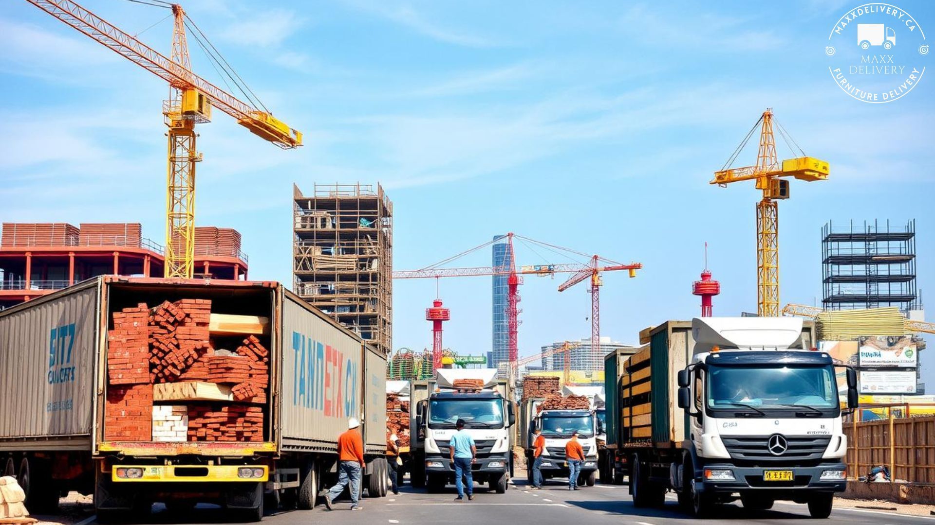 A busy construction site with a vibrant landscape, showcasing large delivery trucks filled with various construction materials like bricks, lumber, and steel beams. The foreground features workers unloading materials efficiently, while cranes and scaffolding loom in the background against a clear blue sky. The scene is dynamic and bustling, illustrating the concept of fast delivery in a modern urban setting - construction material delivery service