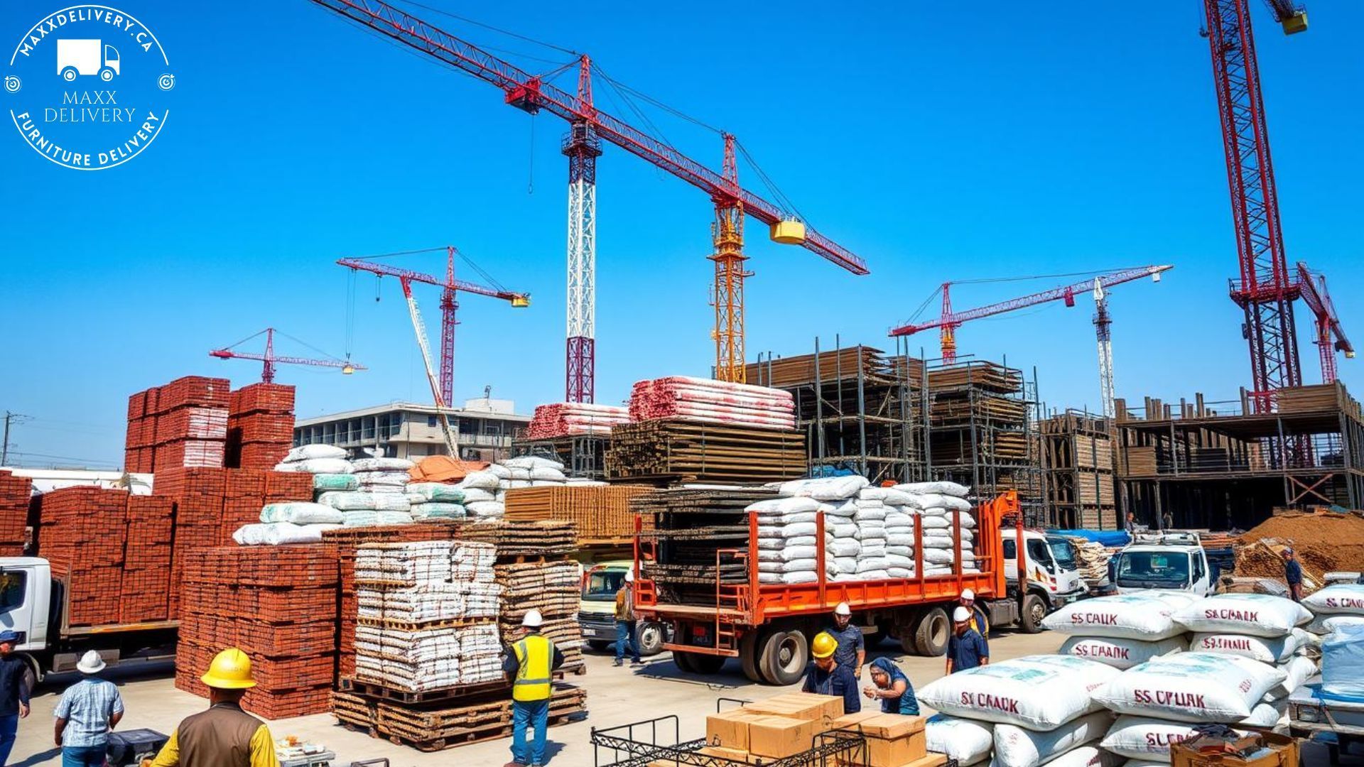 A bustling construction site with various construction materials being loaded onto trucks, showcasing stacks of bricks, steel beams, and bags of cement. The scene is vibrant with workers in hard hats coordinating the logistics, surrounded by cranes and scaffolding under a clear blue sky - Fast Construction Material Delivery Service Near You