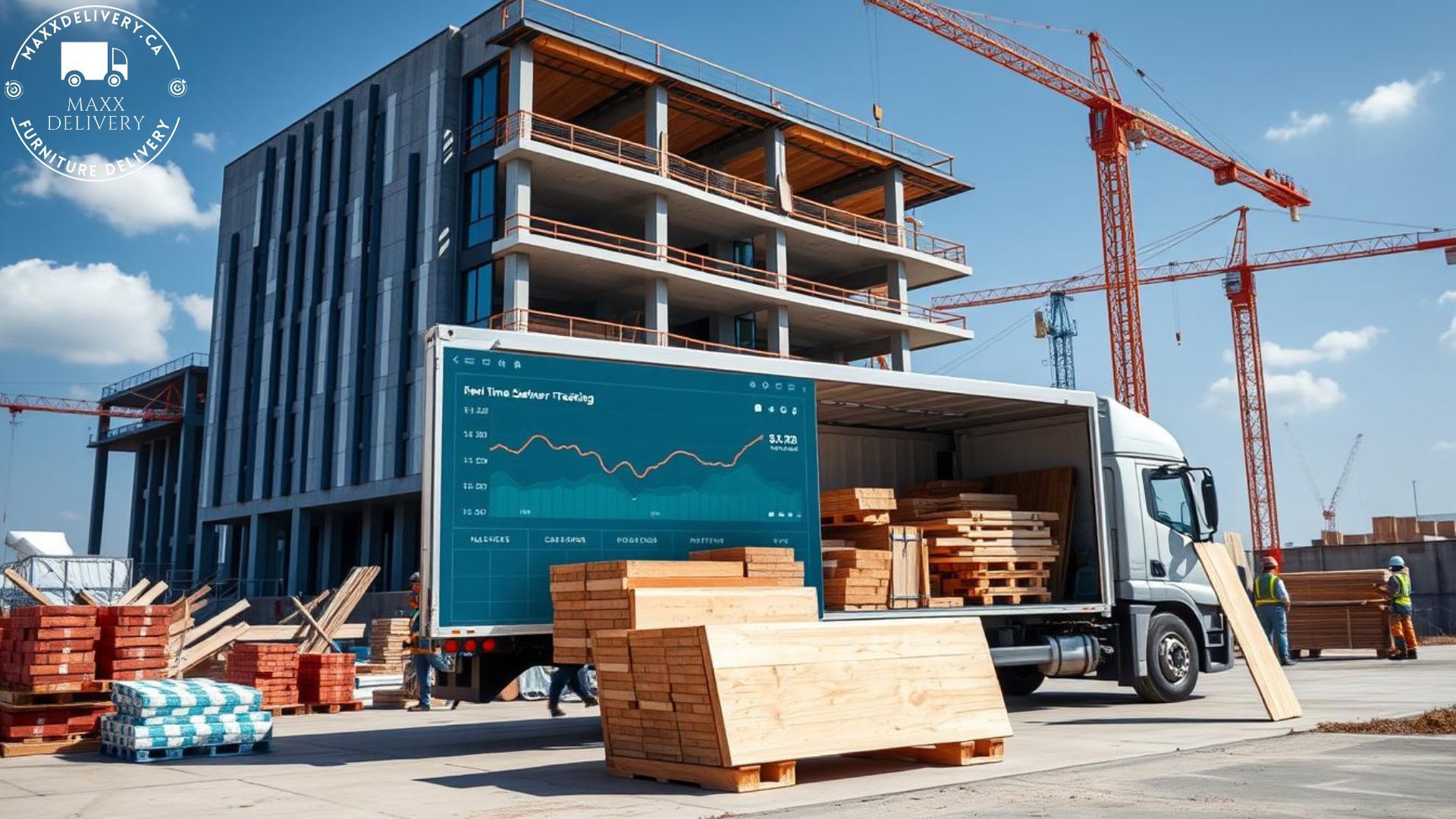 A vibrant construction site scene featuring a variety of construction materials like bricks, steel beams, and plywood being loaded onto a delivery truck. The truck is parked in front of a modern building under construction, with cranes and workers in the background. A digital screen displays real-time tracking information, showcasing an efficient and organized delivery system, with bright colors and dynamic angles to convey speed and reliability - construction material delivery service Toronto, Ontario