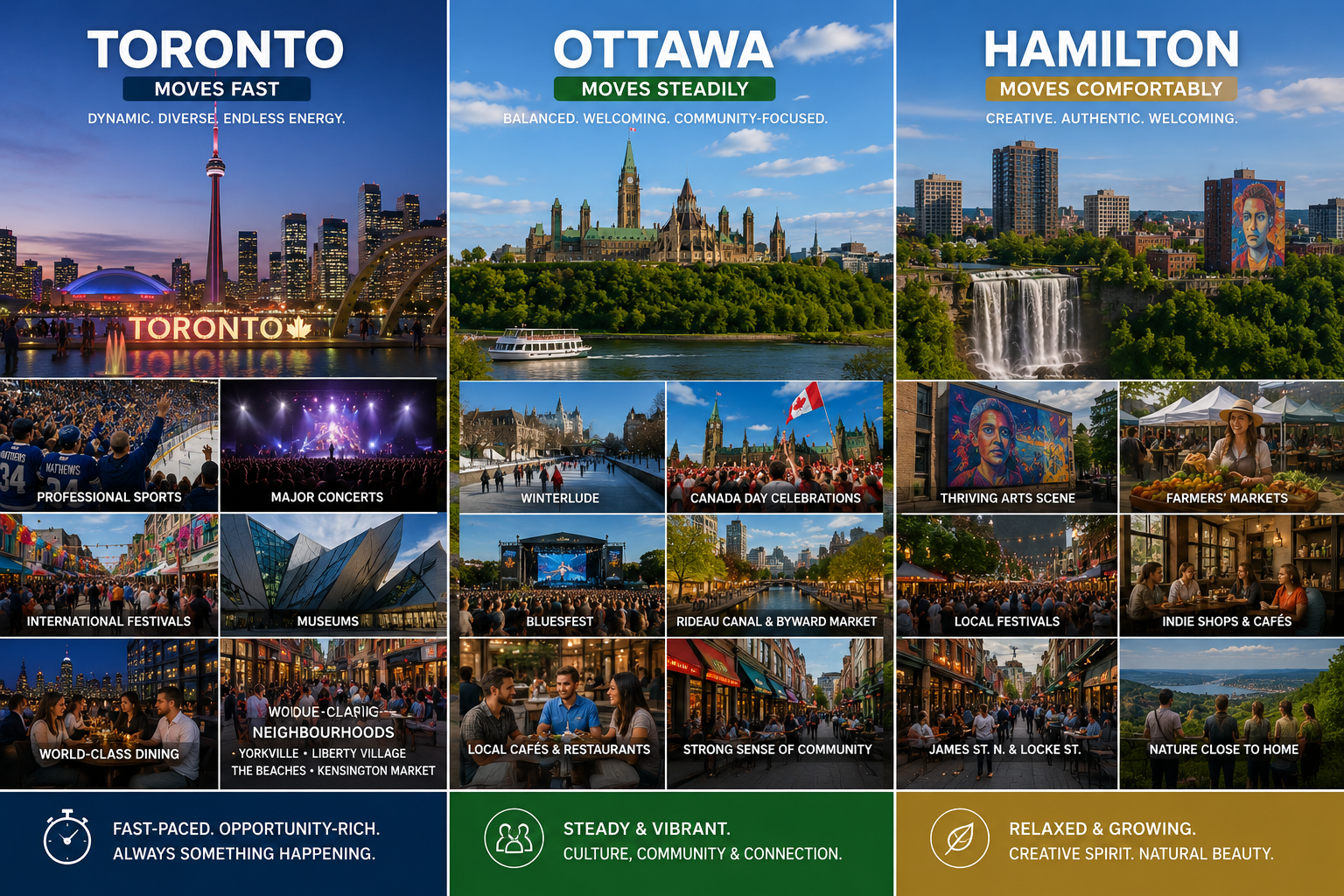 Toronto, Ottawa, and Hamilton tourism posters with city skyline photos and colorful event scenes