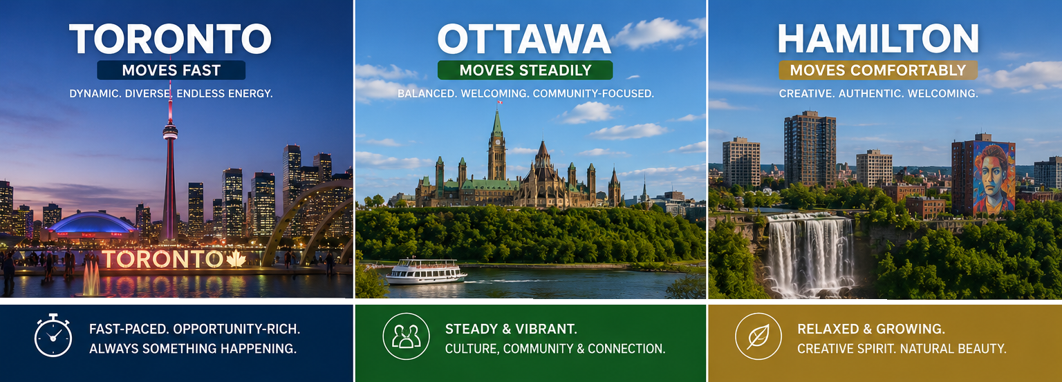 Toronto, Ottawa, and Hamilton city poster collage with skyline photos and landmark highlights