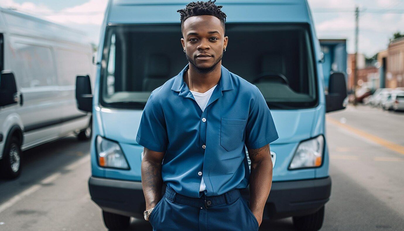 A man in a blue shirt is standing in front of a blue van.