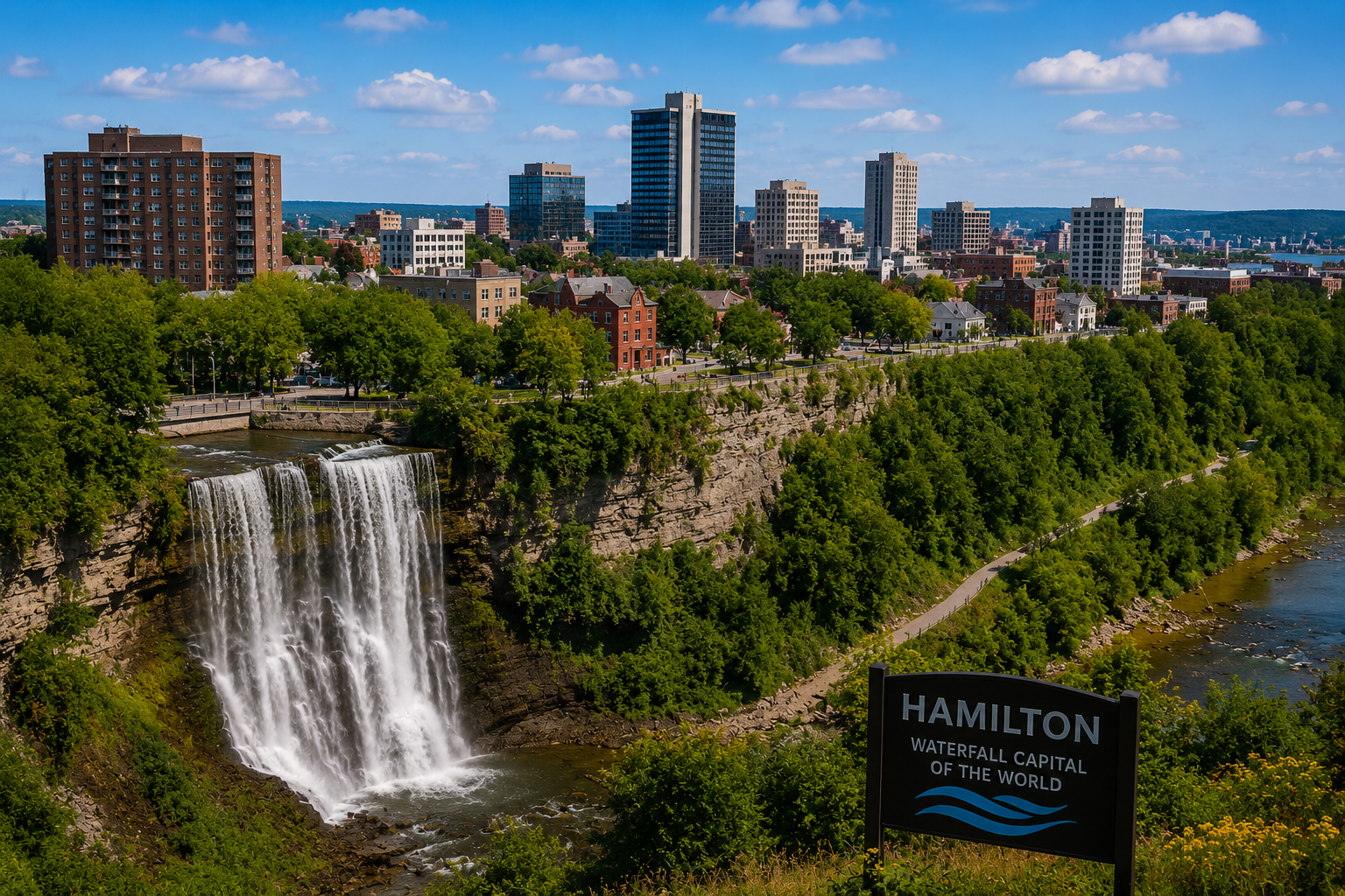 Waterfall beside Hamilton skyline on a sunny day, with green trees and a river below