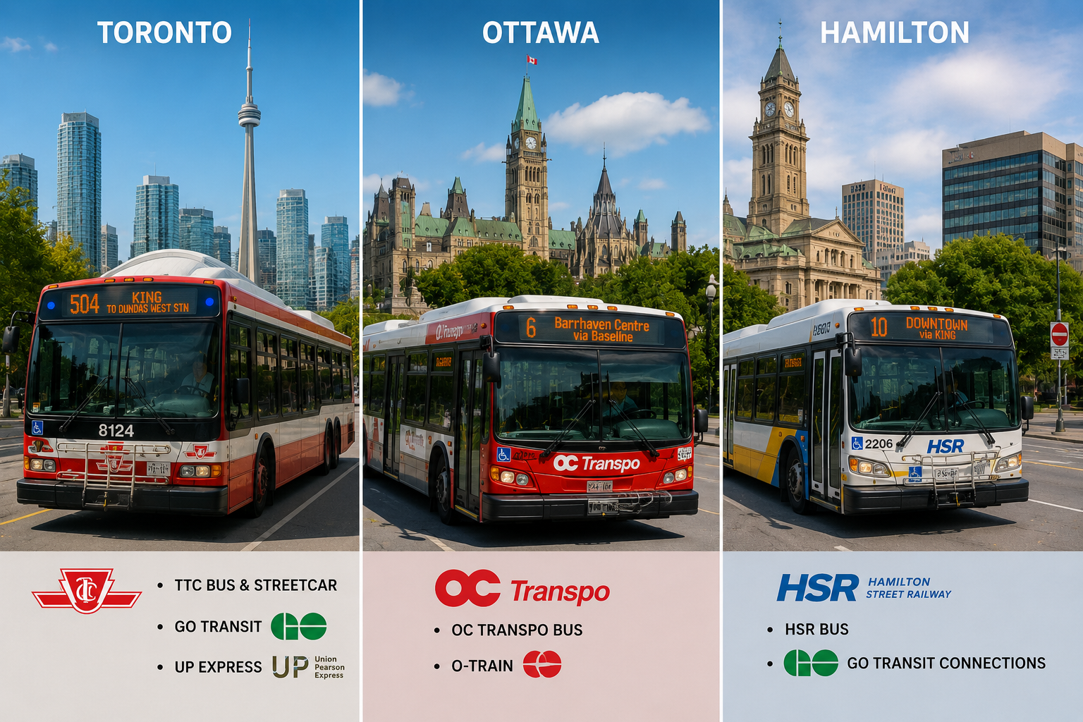 Three city transit buses in Toronto, Ottawa, and Hamilton with skyline backdrops