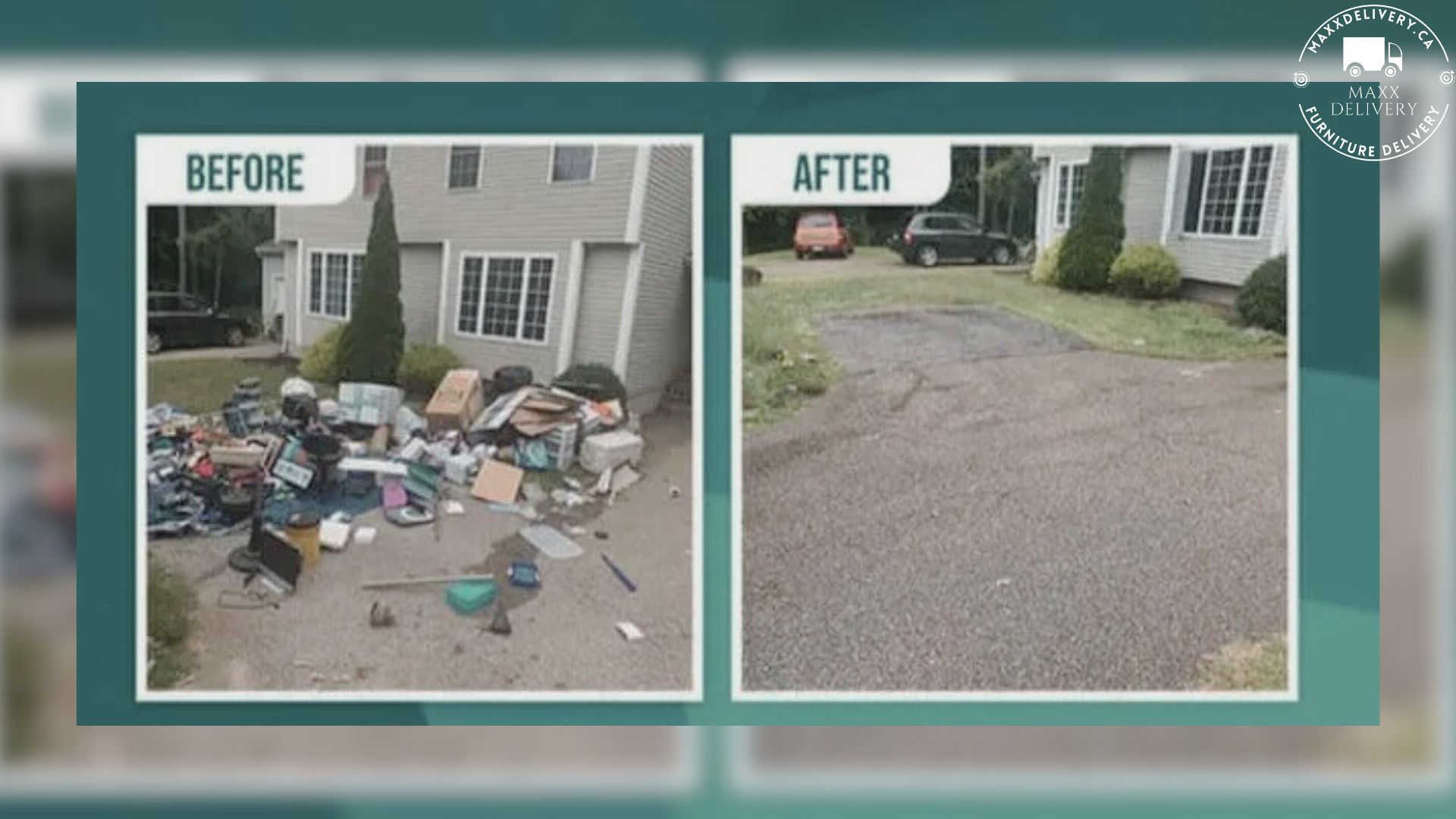 A before and after picture of a pile of trash in front of a house.