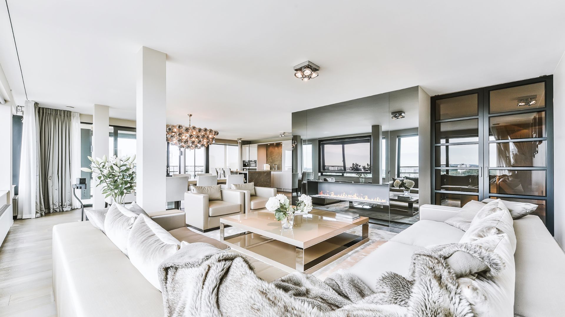 A living room with a couch and a coffee table