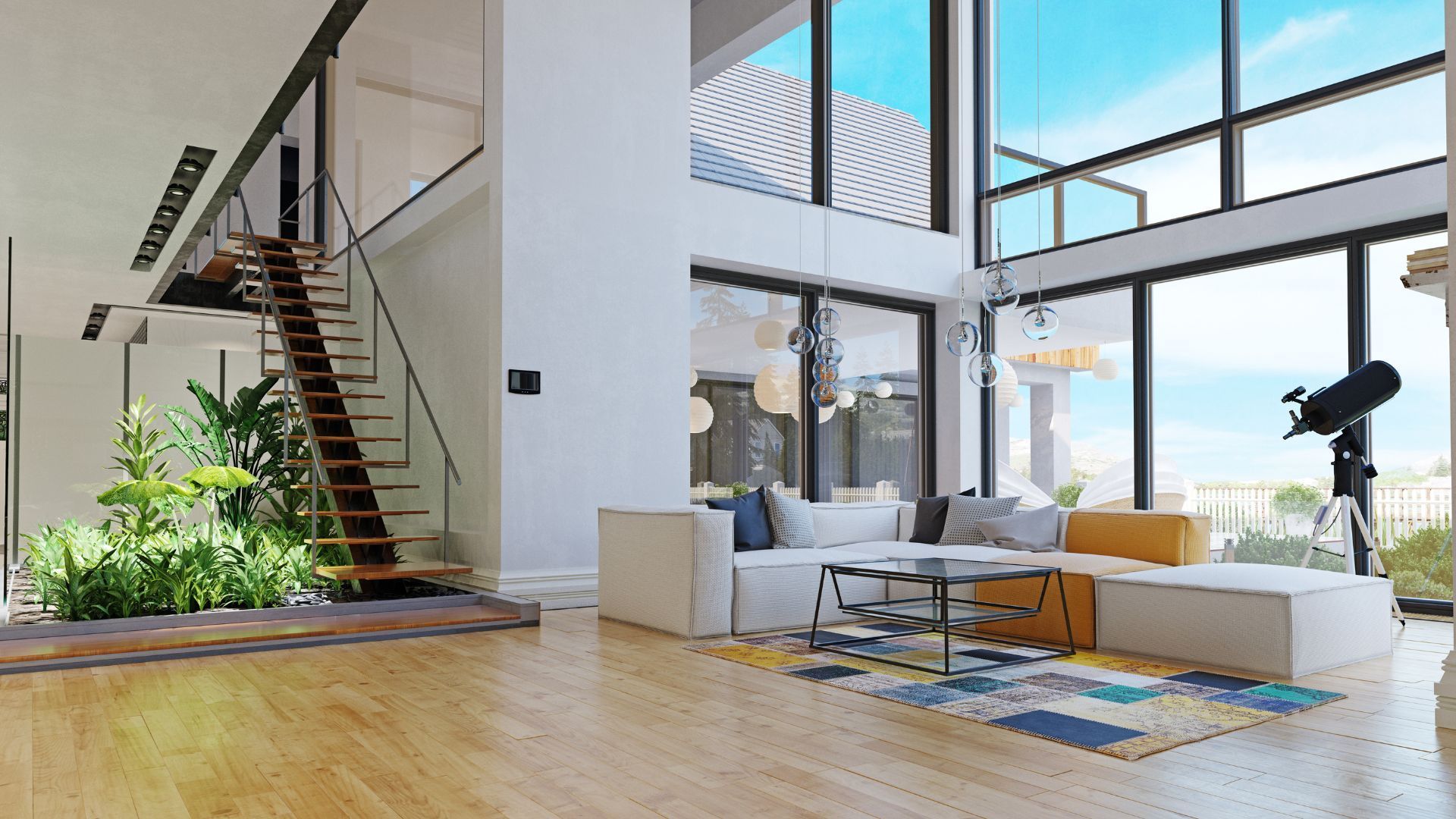 A living room with a lot of windows and a staircase