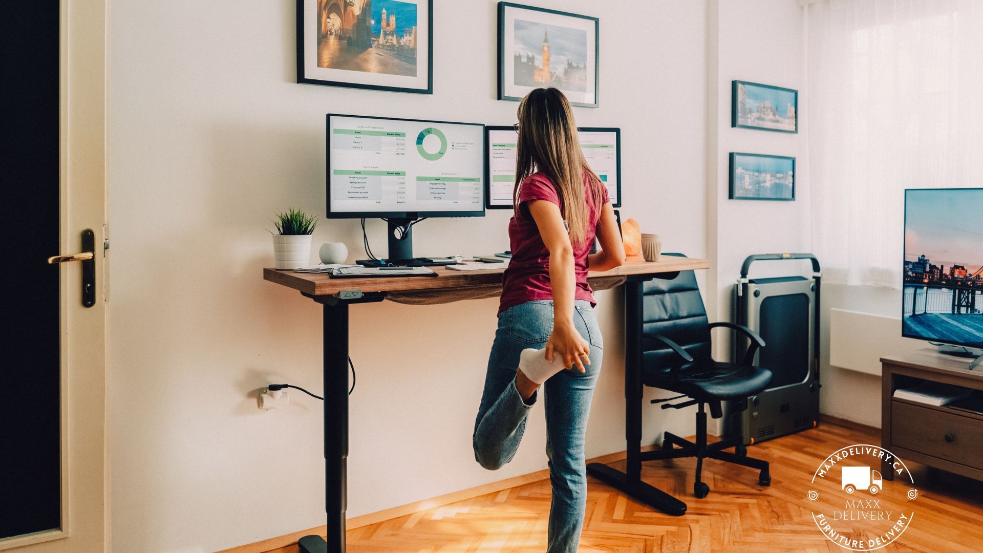 Lady in front of standing desk - cheap desk Toronto